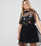 Asos Curve Mesh Mini Smock Dress With Floral Embroidery With Split Sleeve - Black
