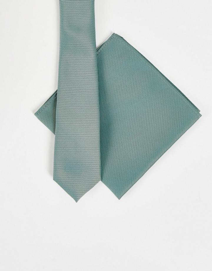Asos Design Slim Satin Tie And Pocket Square In Dark Sage - Lgreen