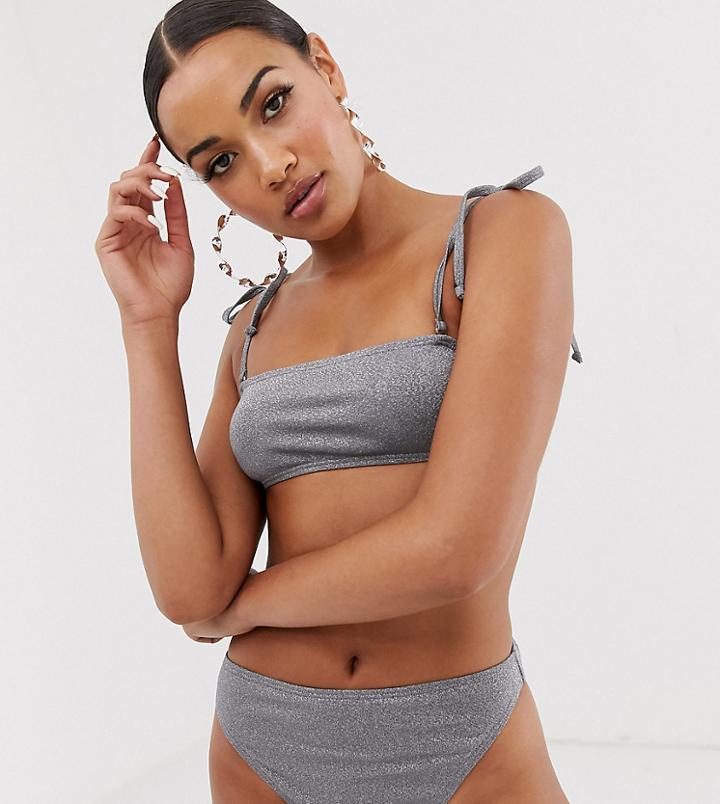 South Beach Exclusive Glitter Micro High Leg Bikini Bottom In Silver - Silver