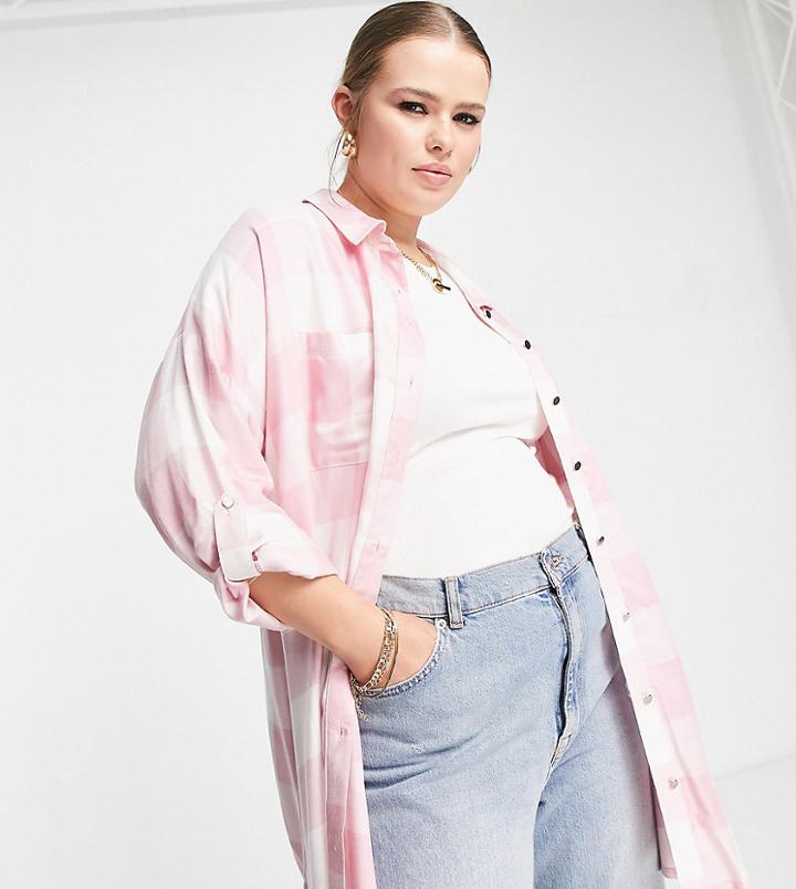 Yours Oversized Check Shirt In Pink