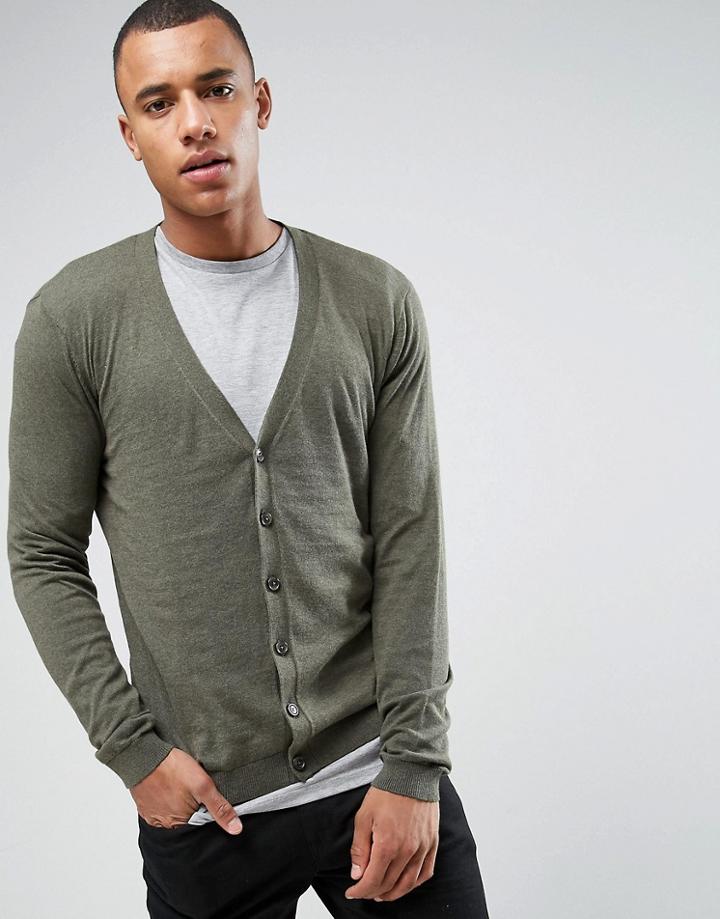 Asos Knitted Cotton Cardigan In Khaki - Green
