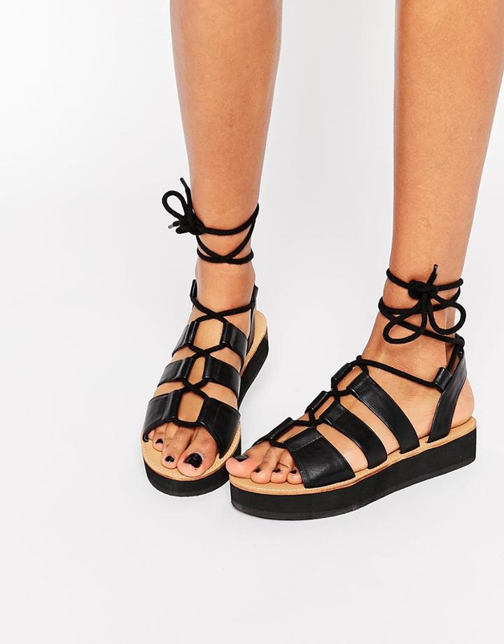 London Rebel Klip Tie Flatform Gladiator Flat Sandals - Black