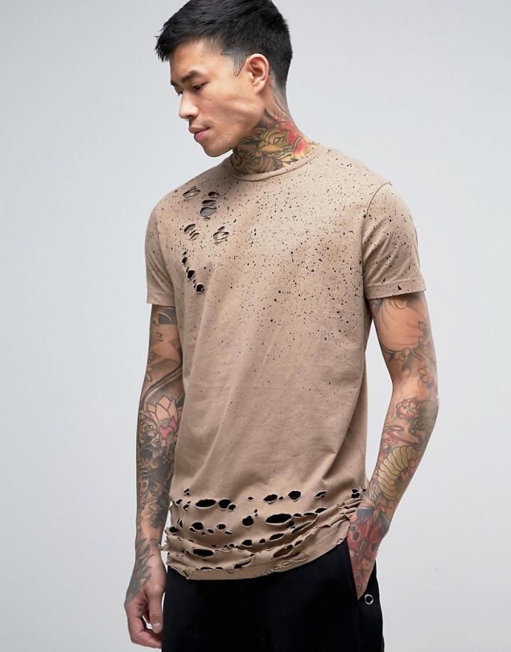 Asos Super Longline T-shirt With Burnout Hem And Splatter Print - Brown