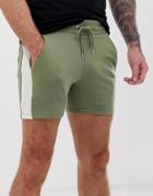 Asos Design Jersey Skinny Shorts In Shorter Length With Side Stripe In Khaki-green