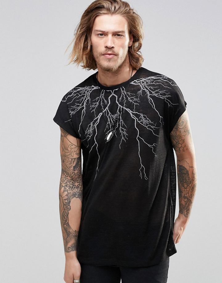 Asos Oversized Sleeveless T-shirt With Lightning Print In Linen Look Fabric - Black