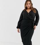Asos Design Curve Satin Mix Wrap Midi Shirt Dress - Black