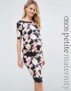 Asos Maternity Petite Bardot Dress With Half Sleeve In Pink Floral Print - Multi