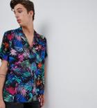 Asos Design Tall Oversized Tropical Hawaiian Print Shirt With Low Revere - Black