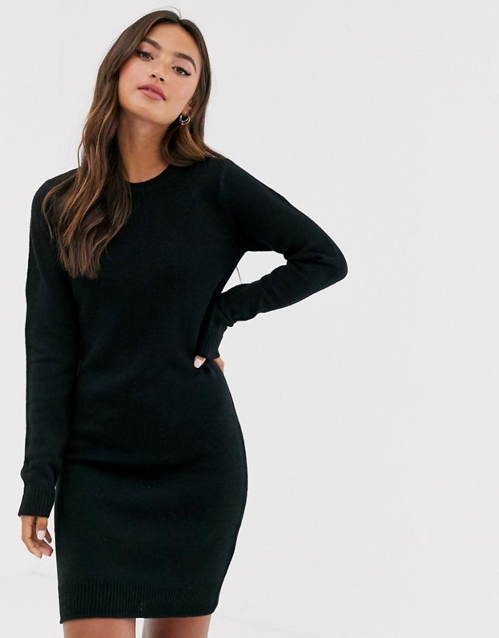 Brave Soul Grungy Round Neck Sweater Dress-black