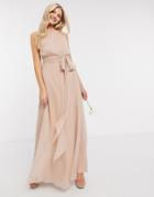 Asos Design Bridesmaid Ruched Pinny Maxi Dress With Tie Waist Detail In Blush-pink