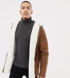 Asos Design Tall Reversible Faux Shearling Jacket With Hood In Tan - Tan