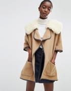 Asos Cape With Borg Faux Fur Collar - Brown