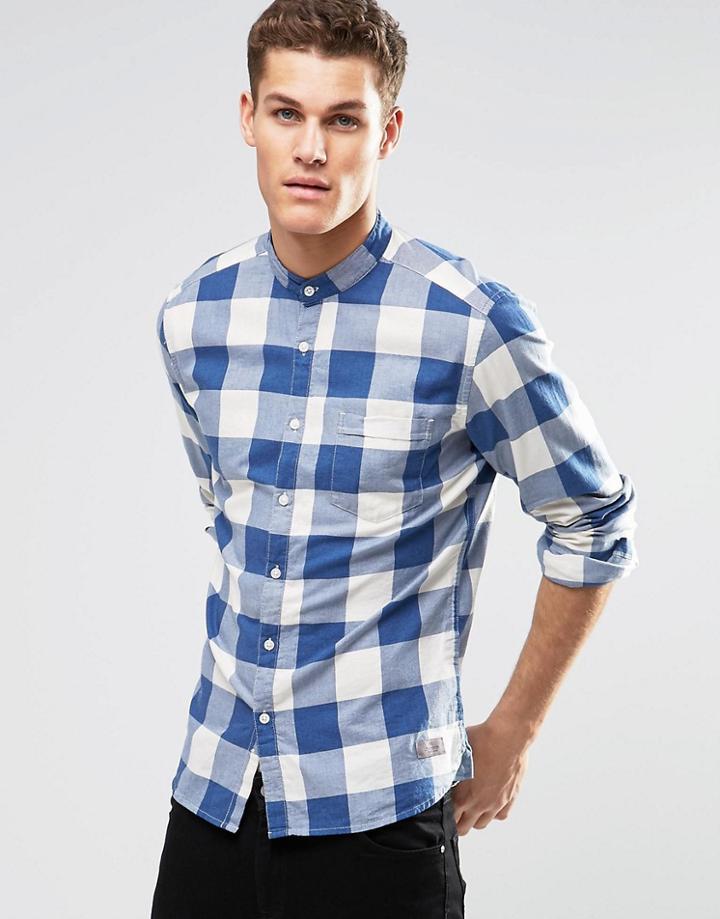 Esprit Check Long Sleeve Shirt With Grandad Collar In Regular Fit - Blue
