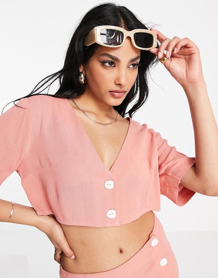Asos Design Crinkle Button Through Crop Shirt In Pink - Part Of A Set