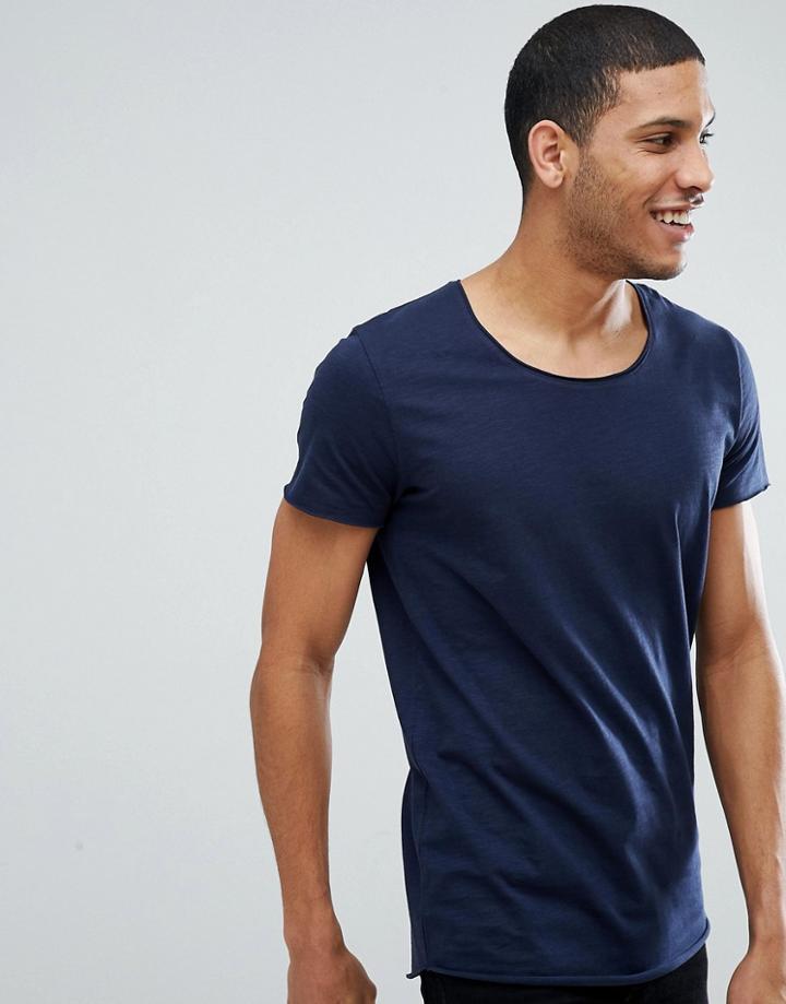 Jack & Jones Essentials Longline T-shirt With Raw Neck - Navy