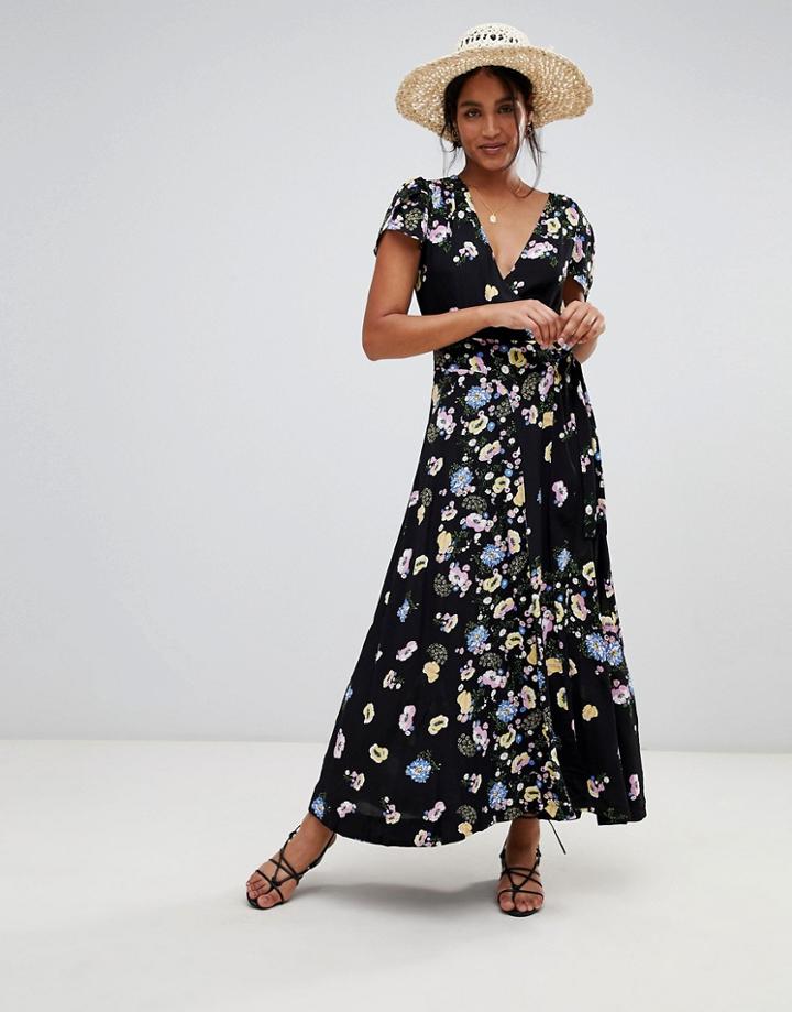 Free People Gorgeous Floral Wrap Maxi Dress-black