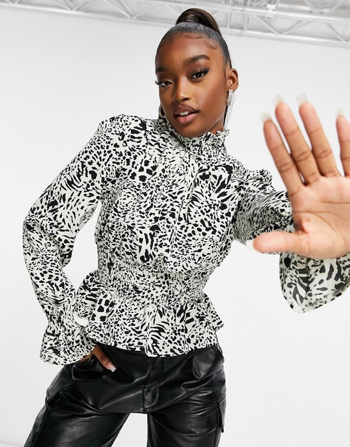 Missguided Shirred Blouse With Ruffle Neck In Animal Print-white