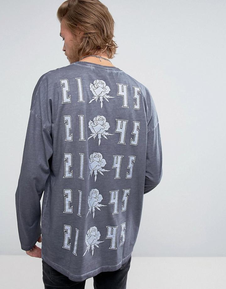 Asos Oversized Long Sleeve T-shirt With Rose Print And Oil Wash - Black