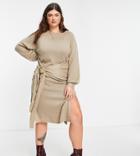 In The Style Plus X Lorna Luxe Slit Front Belt Detail Midi Dress In Stone-neutral