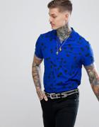 Religion Revere Collar Rayon Short Sleeve Shirt In Cherry Print - Blue