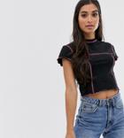 Asos Design Petite Fitted Top With Contrast Stitching - Black