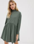 Asos Design High Neck Curve Seam Smock Dress - Green