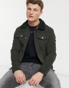 Brave Soul Cord Jacket In Khaki With Shearling Collar-green