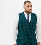 Asos Design Plus Wedding Skinny Suit Vest In Blackwatch Plaid-green