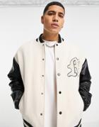 Topman Wool Mix Varsity Jacket With Faux Leather Sleeves In Black And White