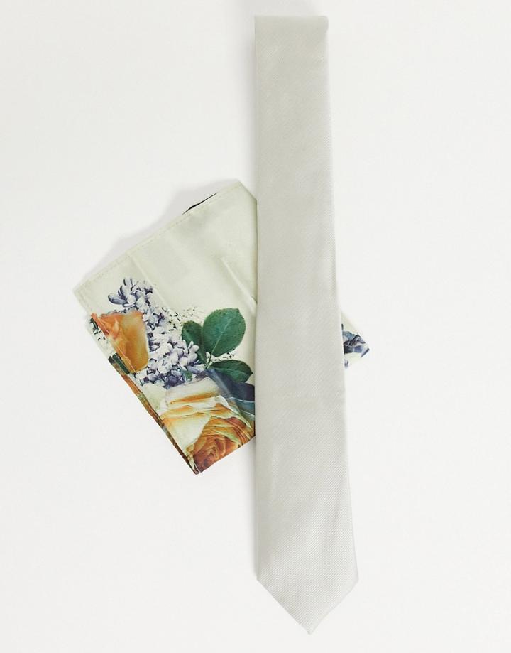 River Island Floral Tie Set In Stone-white