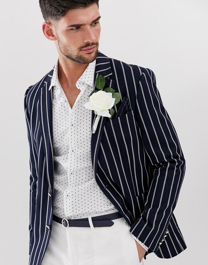 Asos Design Slim Blazer In Navy Stripe With Gold Buttons - Navy