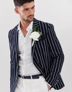 Asos Design Slim Blazer In Navy Stripe With Gold Buttons - Navy
