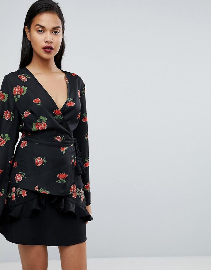 Fashion Union Wrap Blouse In Floral Print - Black