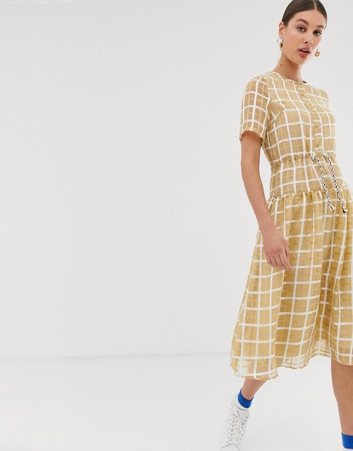 Ghospell Button Through Shirt Dress With Drawstring Waist And Full Skirt In Sheer - Yellow