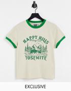 Reclaimed Vintage Inspired Organic Cotton Ringer T-shirt With Happy Hills Print In Stone-neutral