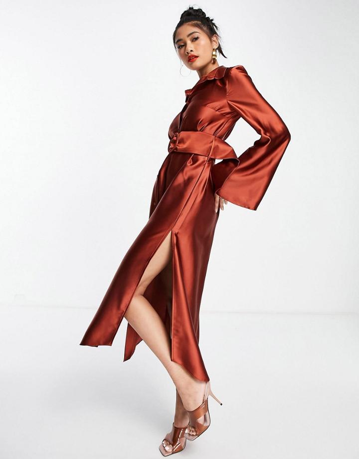Asos Design Wide Sleeve Satin Belted Midi Shirt Dress In Rust-red