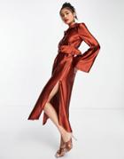 Asos Design Wide Sleeve Satin Belted Midi Shirt Dress In Rust-red