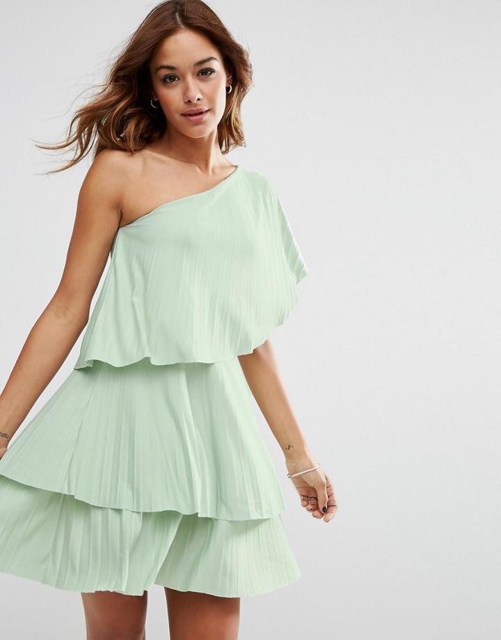 Asos One Shoulder Tiered Pleated Mini Dress - Mint