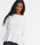 Asos Design Tall Long Sleeve Top With Shirred Panel In Ivory-white