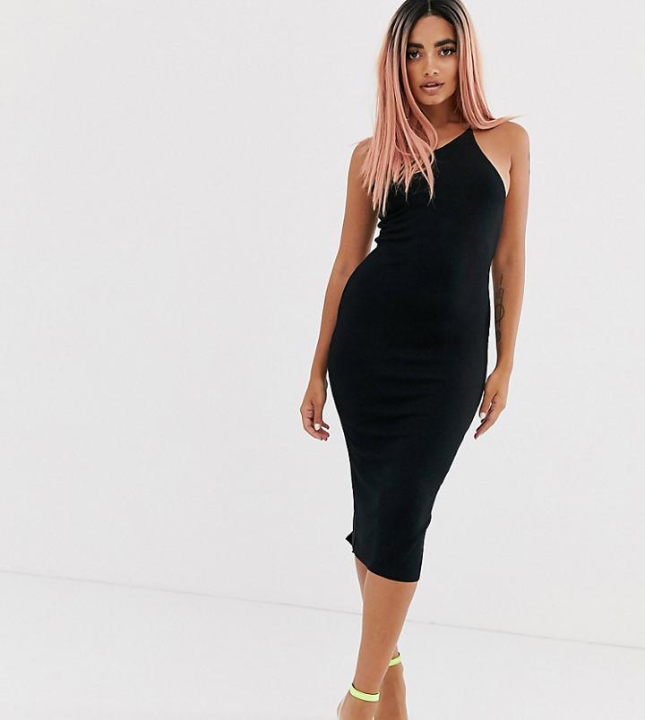 Asos Design Petite One Shoulder Rib Bodycon Dress-black