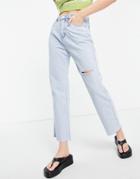 Urban Revivo Ripped Straight Leg Jeans In Blue-blues