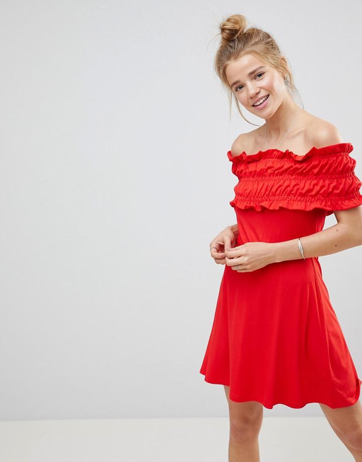 Asos Off Shoulder Ruched Shirred Panel Skater Sundress - Red