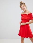 Asos Off Shoulder Ruched Shirred Panel Skater Sundress - Red