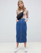 Asos Design Denim Midi Skirt With Poppers In Midwash Blue - Blue