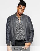 Black Dust Leather Bomber Jacket With Zip Detailing - Gray