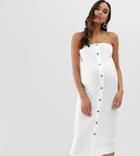 Asos Design Maternity Rib Bandeau Midi Button Through Bodycon Dress - White