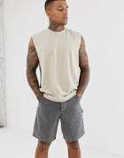 Asos Design Relaxed Sleeveless T-shirt With Dropped Armhole And Side Split In Beige - Beige