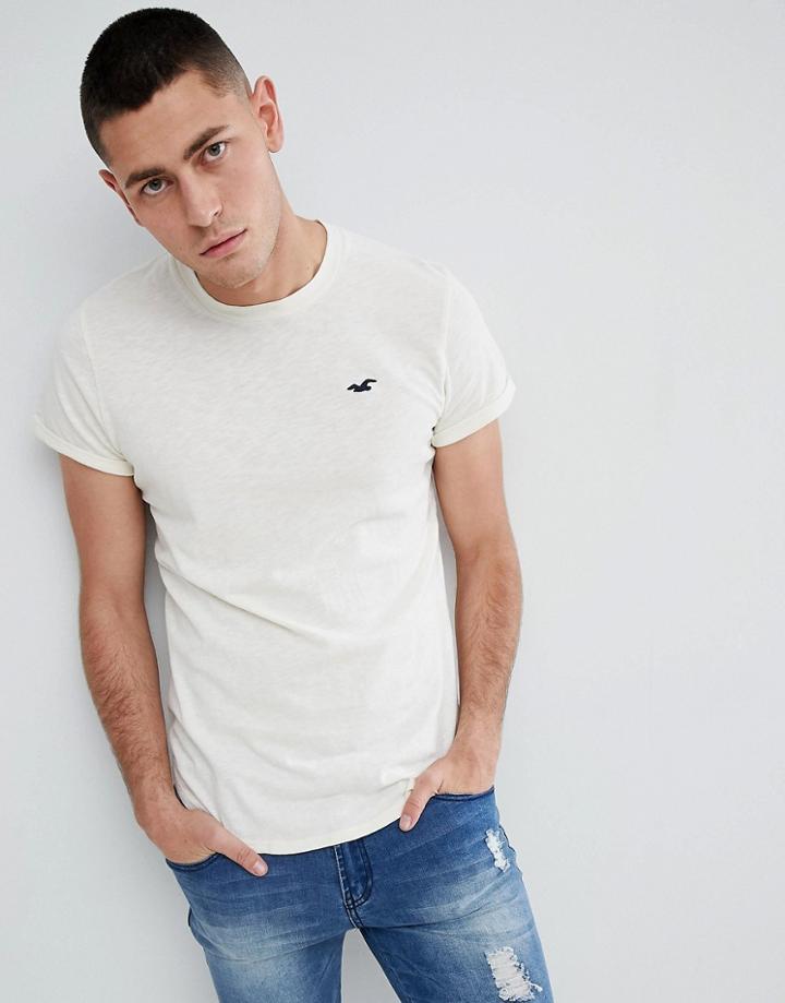 Hollister Curved Hem Crew Neck T-shirt Seagull Logo In Beige - Beige