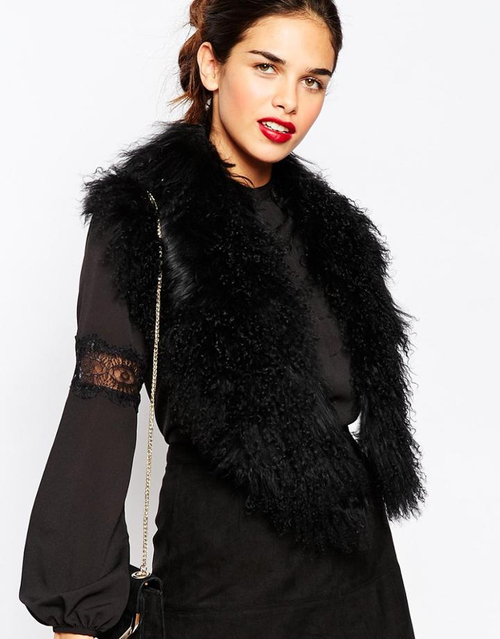 Warehouse Mongolian Faux Fur Scarf - Black