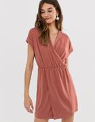 Monki Wrap Front Mini Dress In Rust - Brown
